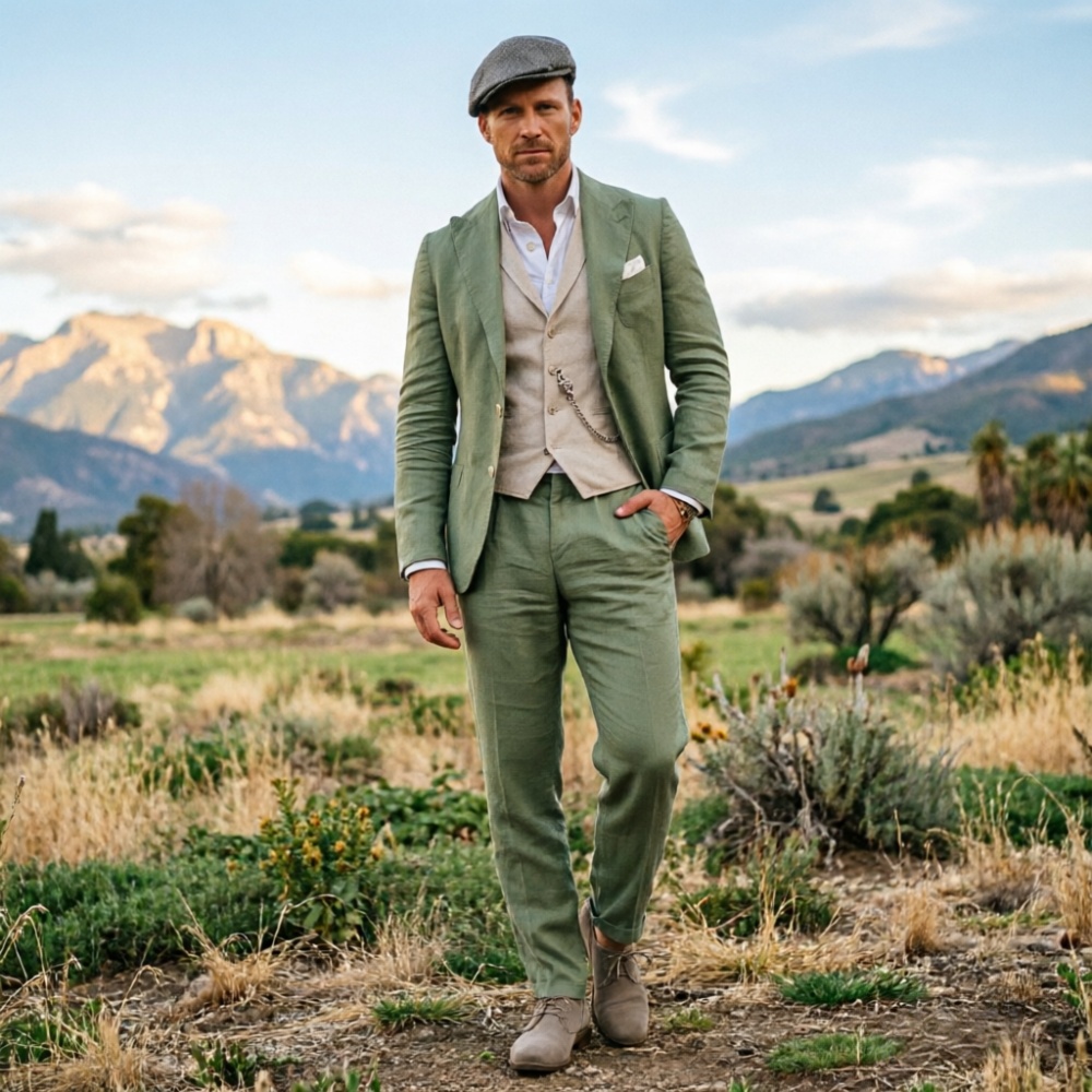 Men Formal Wear Green - Męski garnitur trzyczęściowy z lnu w