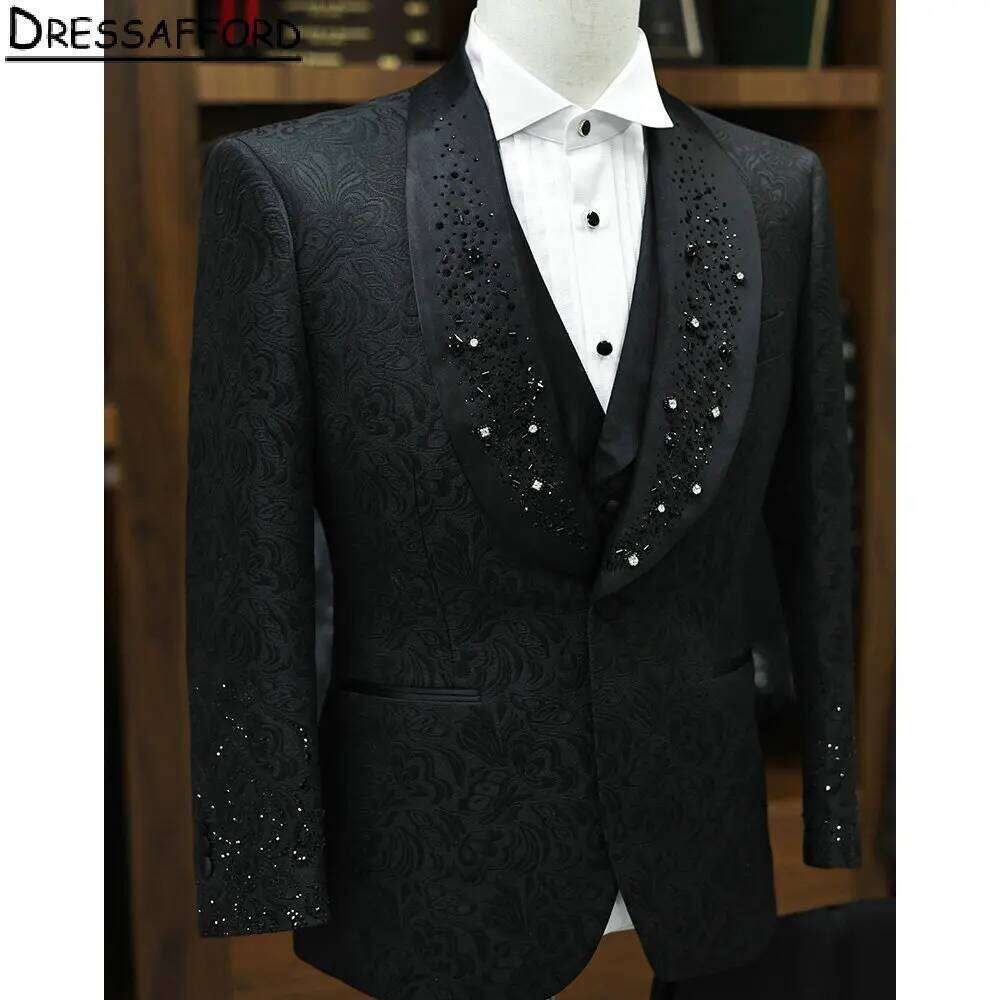 Men'S Formal Wear No Suit - Czarny żakardowy garnitur męski z koralikami,