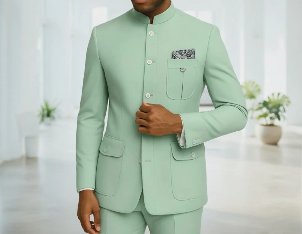 Men Formal Wear Green - Garnitury Safari Męskie Premium Jasnozielone z