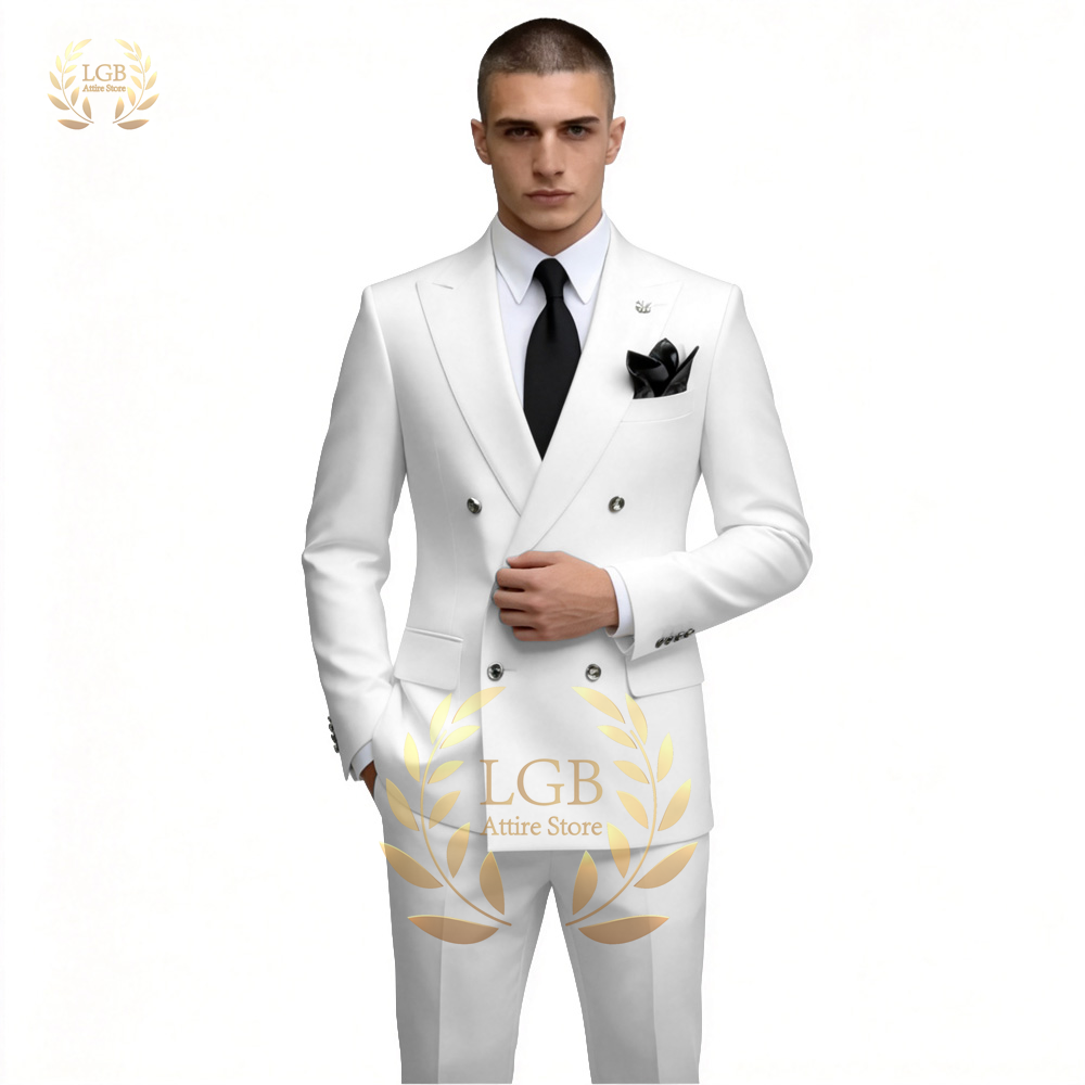 Men Formal Wear For Dinner - Męski biały dwurzędowy garnitur 2-częściowy, dopasowany