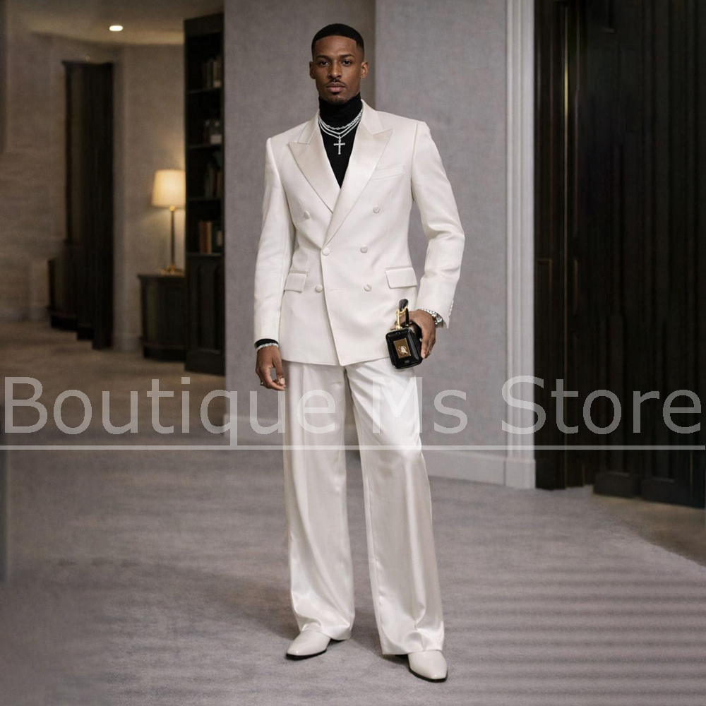Men Formal Wear Modern - Męski biały satynowy garnitur dwuczęściowy dwurzędowy