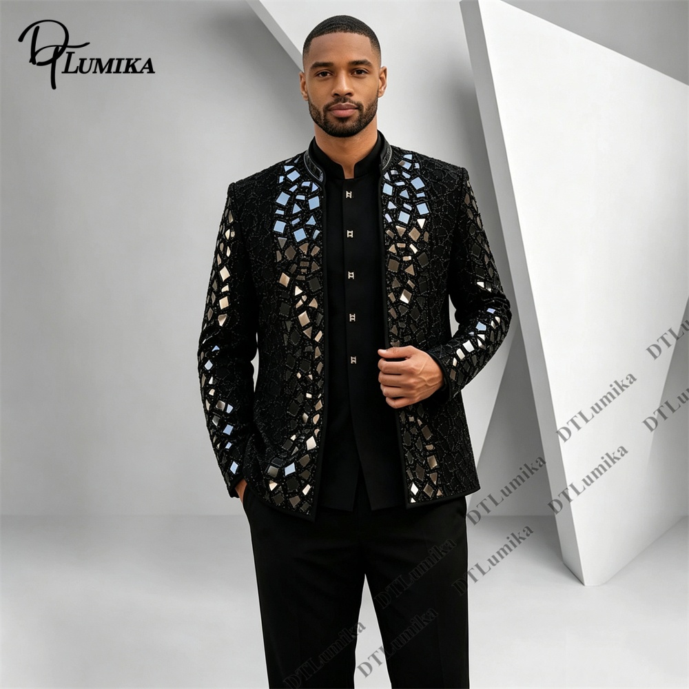 Men Formal Wear With Blazer - Męski czarny garnitur z mandaryńskim kołnierzykiem,