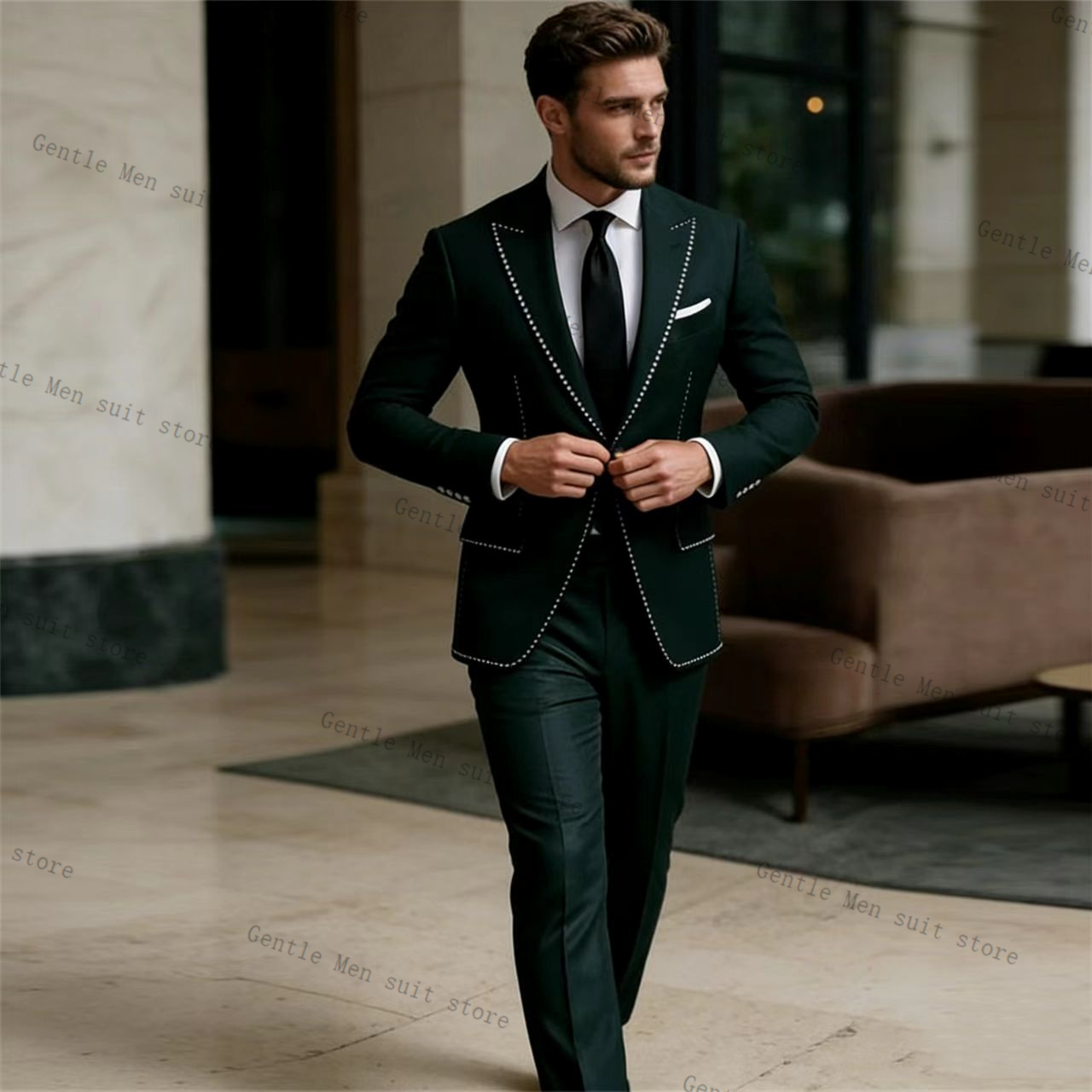 Men Formal Wear Green - Luksusowy zielony garnitur męski z kryształkami,