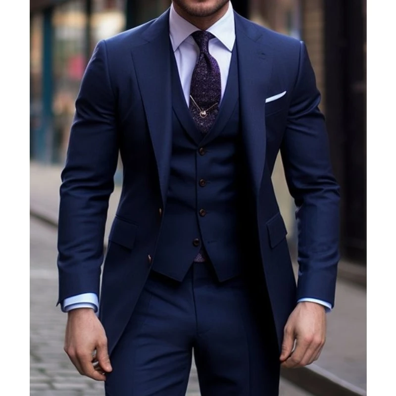 Granatowy 3-częściowy garnitur – Men Formal Wear With Blazer recenzja i cena