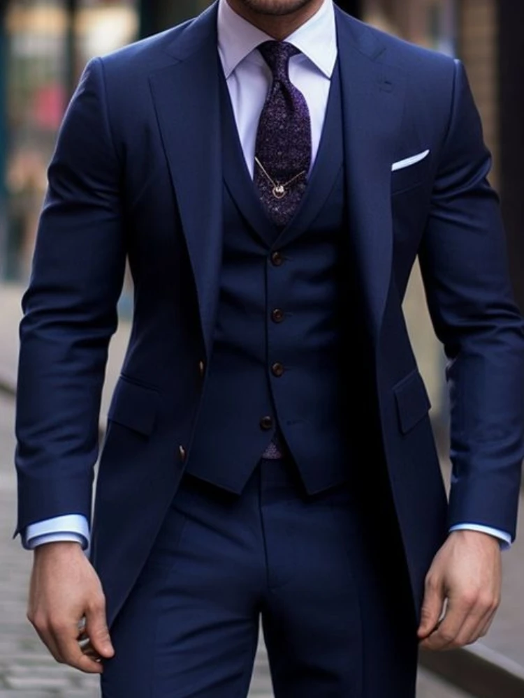 Granatowy 3-częściowy garnitur – Men Formal Wear With Blazer recenzja i cena